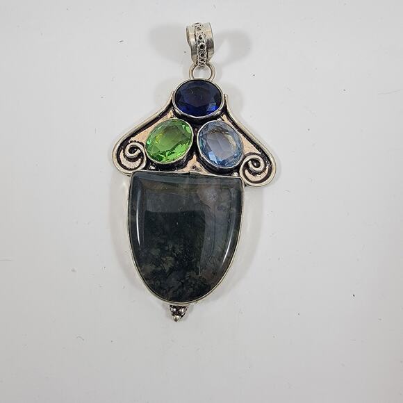 Handmade Silver Pendant with Moss Agate and Multicolor Gemstones - Picture 5 of 10